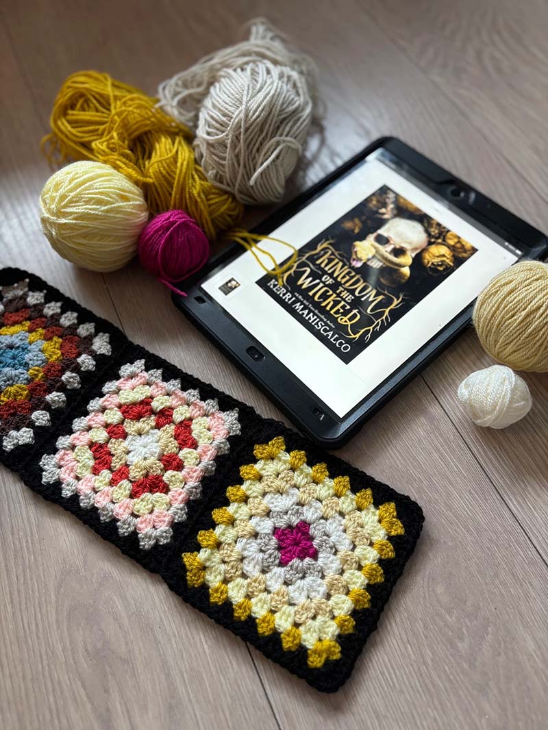 A black and white and gold granny square for Kingdom of the Wicked