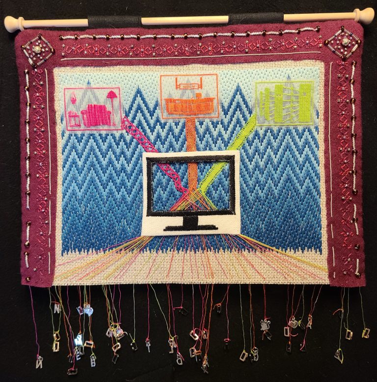 A colorful embroidery/beadwork piece showing different sources that get mapped into a computer and sent out to the world