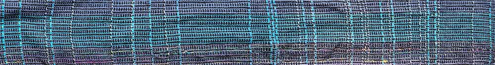 An excerpt of a data visualization scarf of Star Trek novels with a ladder pattern in blue and black